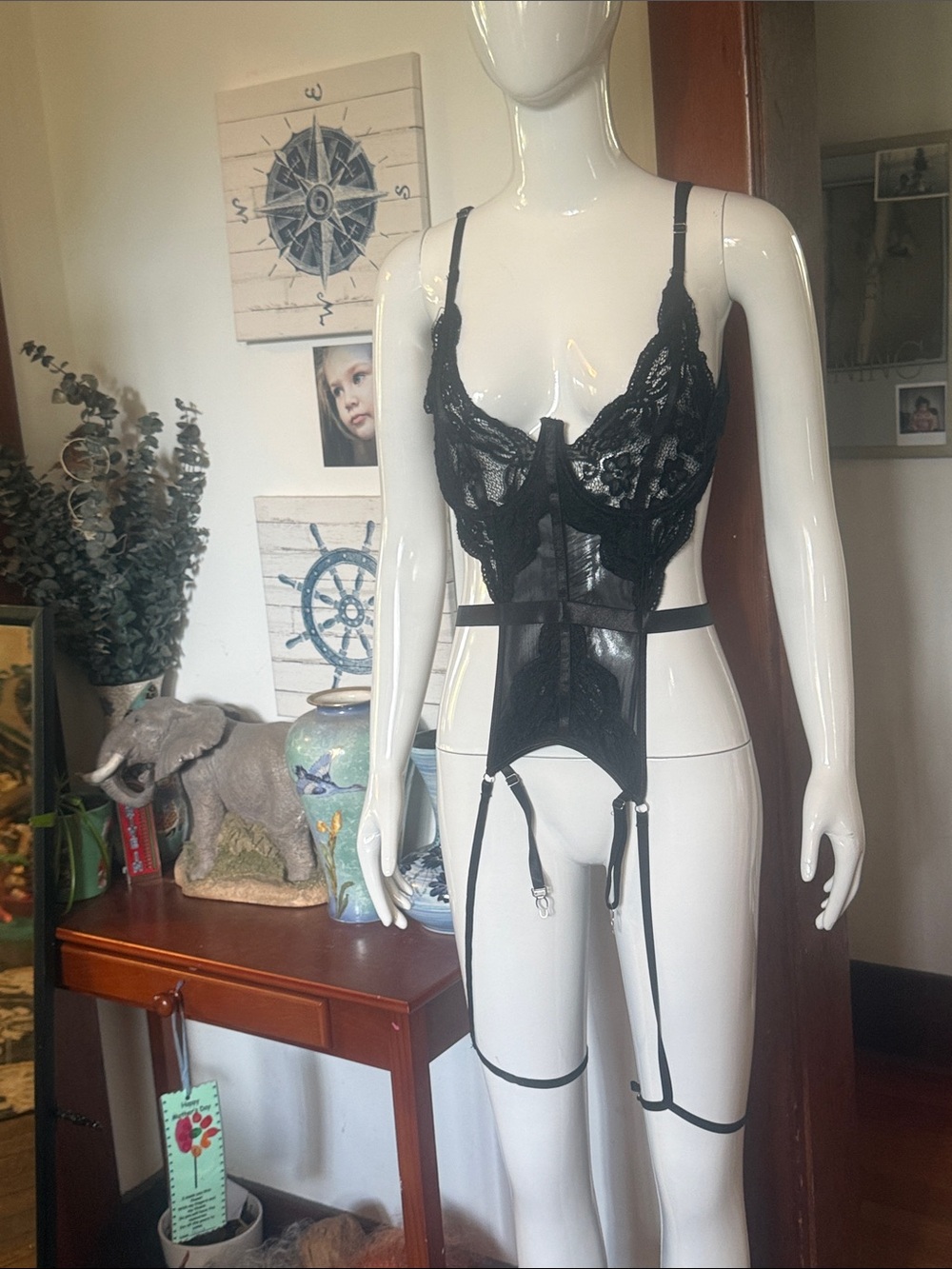 Women's Black Lace  size large Garter Bustier Bodysuit